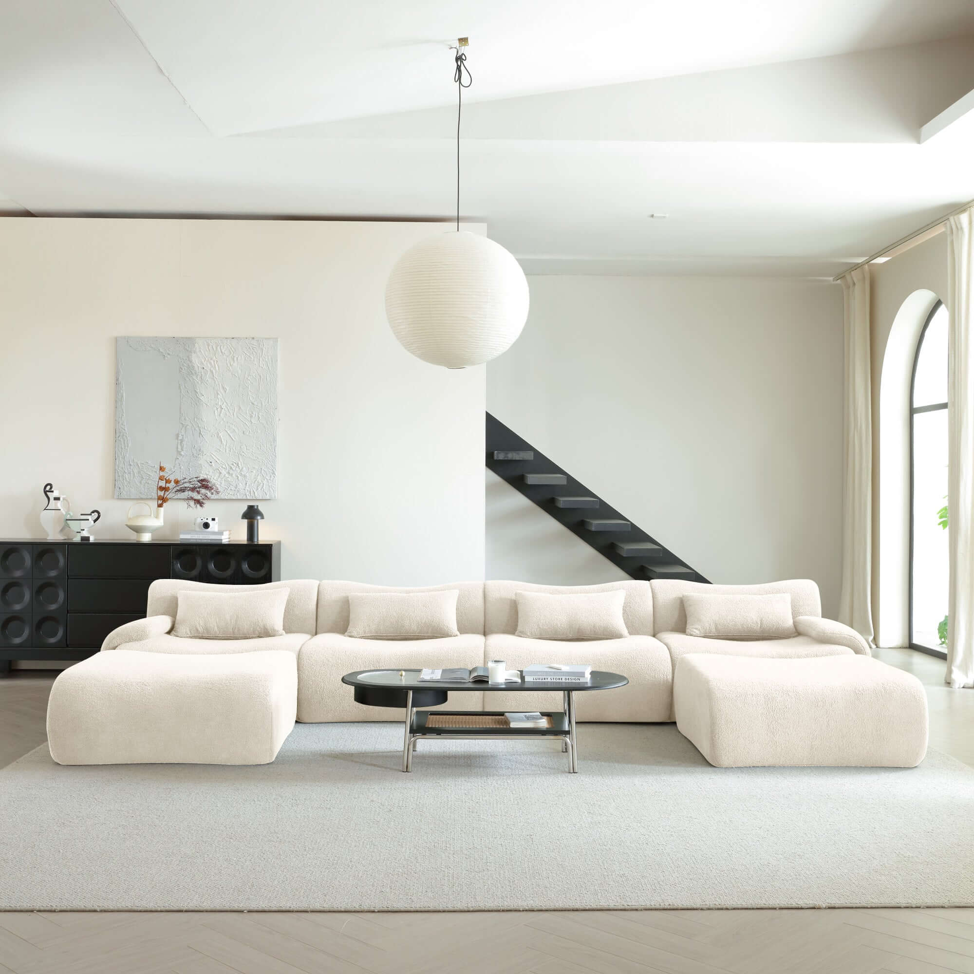 Modern sectional sofa upholstered in soft teddy velvet fabric with modular design