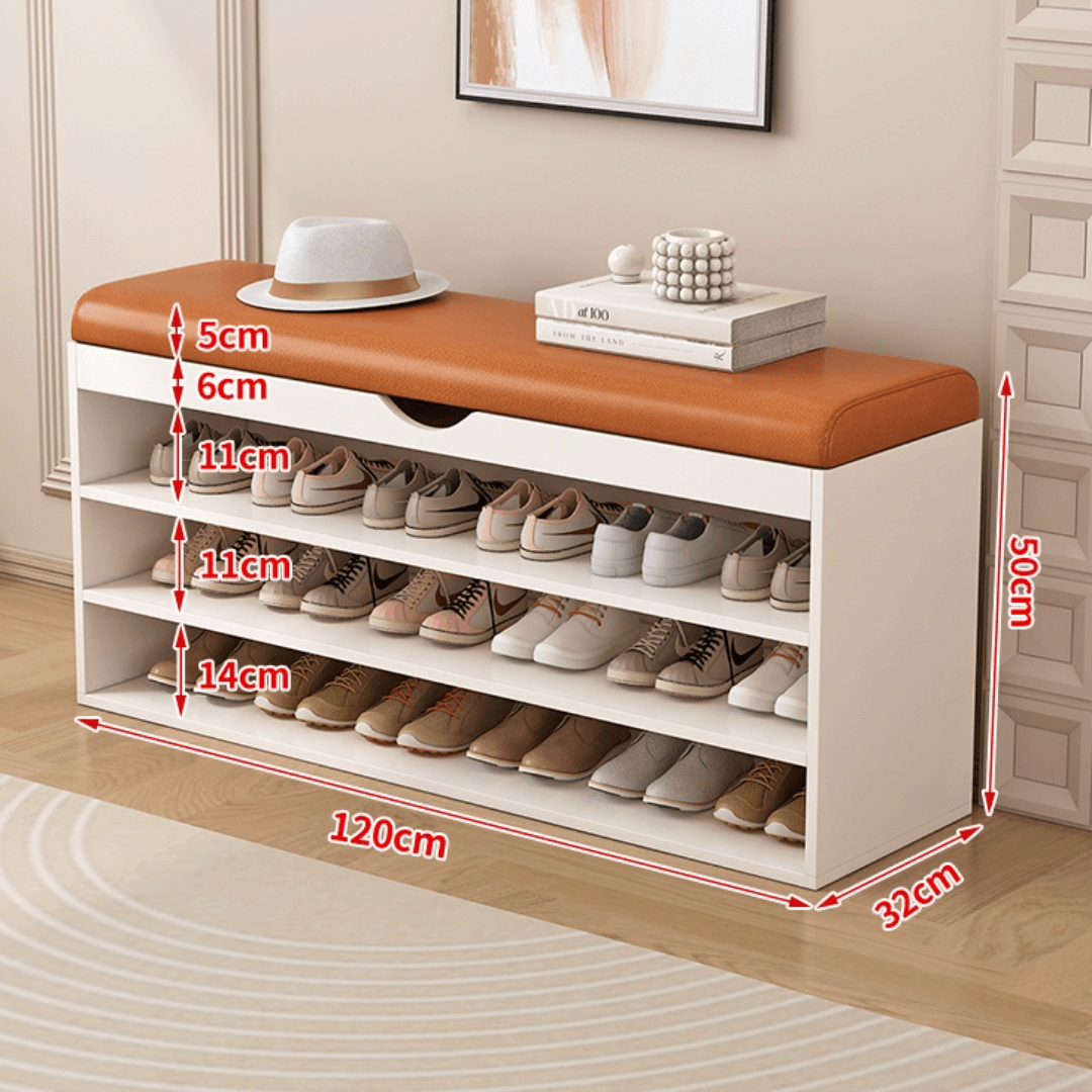 Modern white and orange shoe bench with upholstered seat and space-saving storage