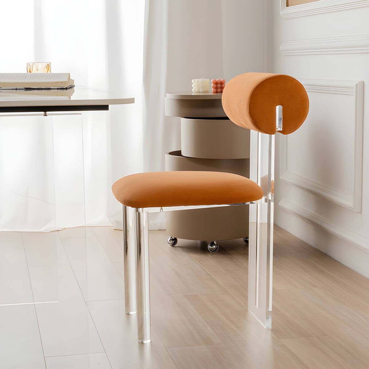 Contemporary upholstered dining chair with clear acrylic frame for kitchen seating