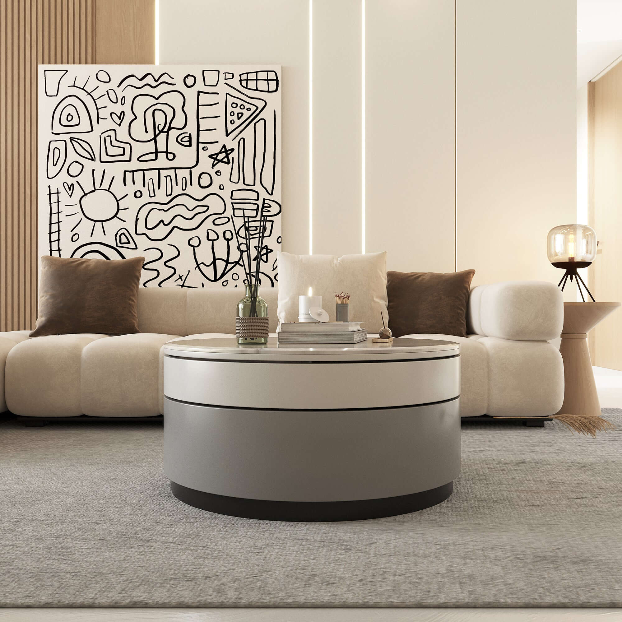 Rotating round coffee table with durable microcrystalline stone top for modern living rooms