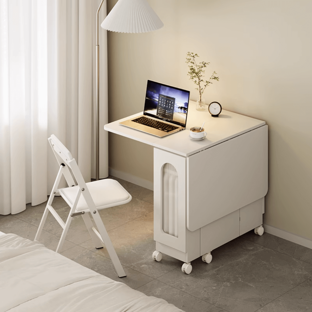 Cream foldable dining table with wheels, minimalist design, easy to assemble