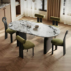 Oval modern dining table with stone top and black wood double pedestal base, 55.1 by 31.5 inches