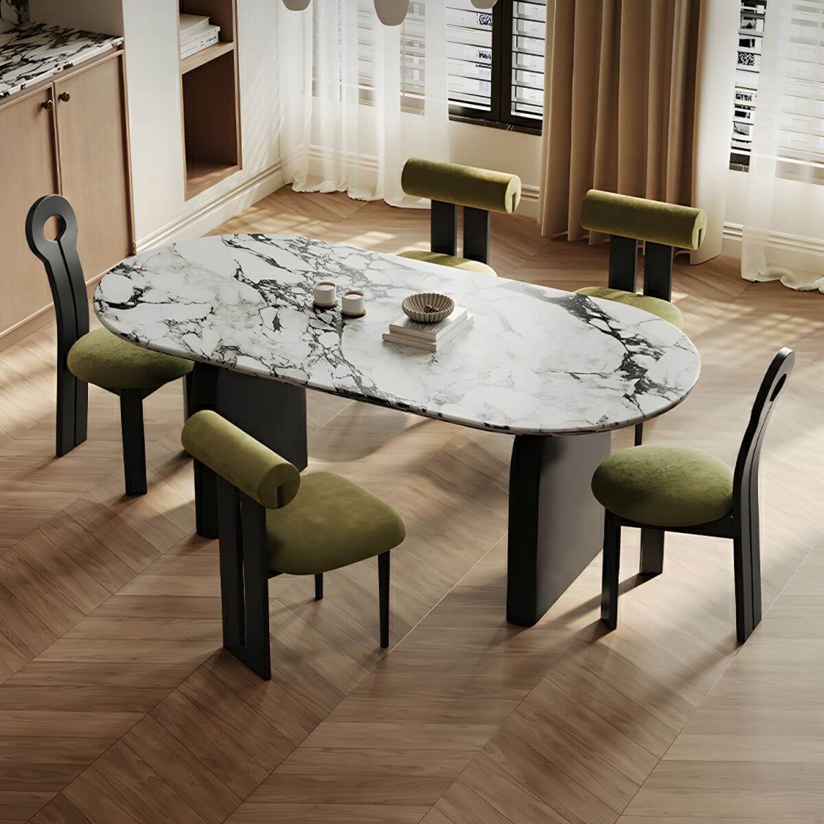 Oval modern dining table with stone top and black wood double pedestal base, 55.1 by 31.5 inches