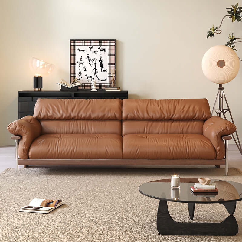 Three-seater sofa with straight-line design and top-grain leather upholstery