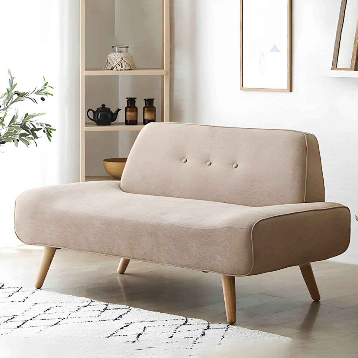 Small Scandinavian style sofa with wood frame and solid color polyester upholstery main product image メイン画像