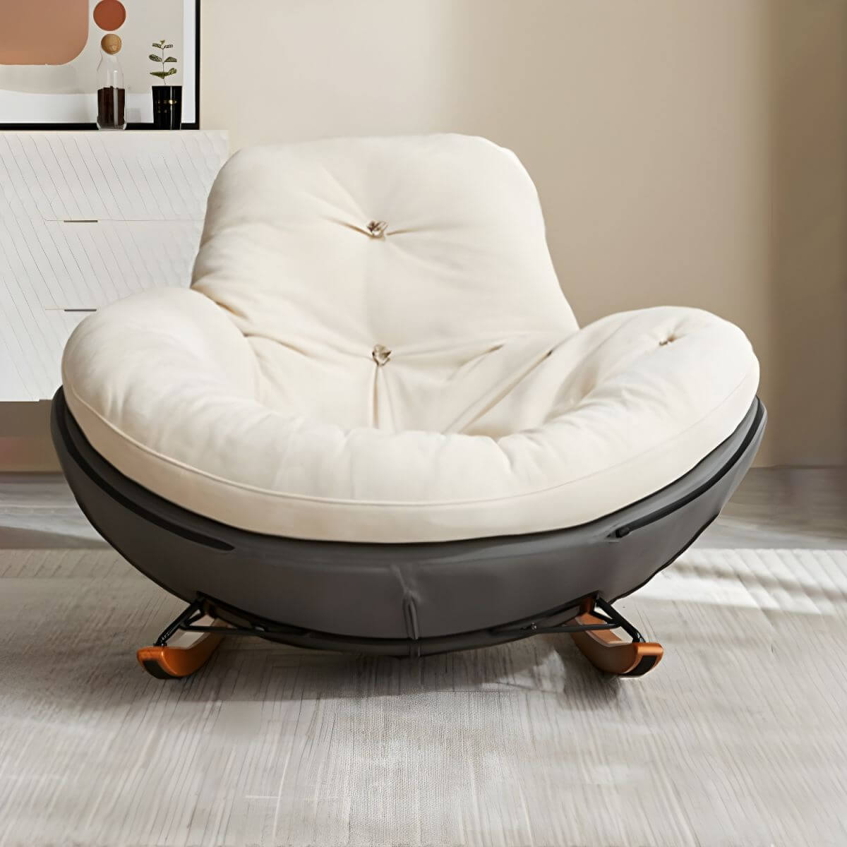 Button-tufted upholstered wooden rocking accent chair with black legs