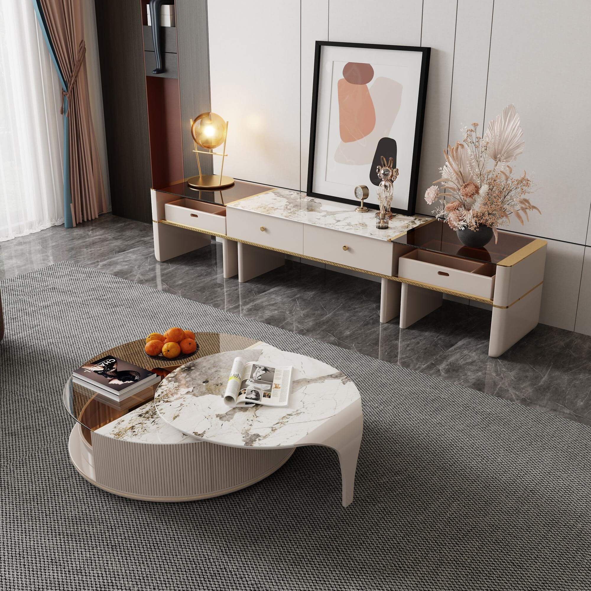 Beige round coffee table with combination design, perfect for modern living rooms