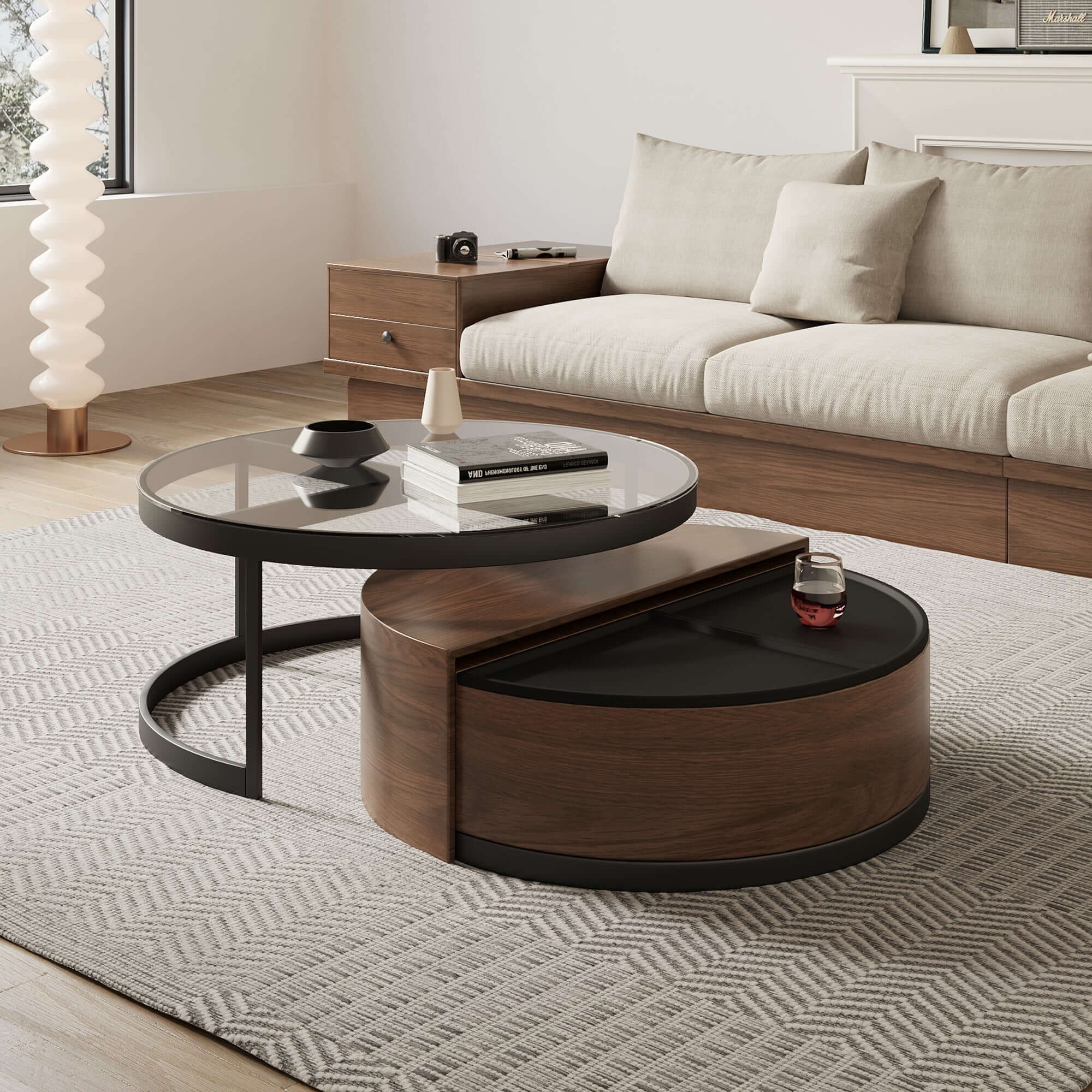 Round black and walnut coffee table set with 360-degree rotation and storage space