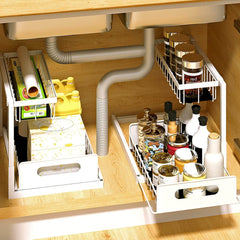 2 Pack 2-Tier Under Sink Organizers and Storage Sliding Cabinet BasketOrganizer with Hooks Multi-PurposeUnder Sink Organizers and Storagefor Bathroom Kitchen Racks Silicone