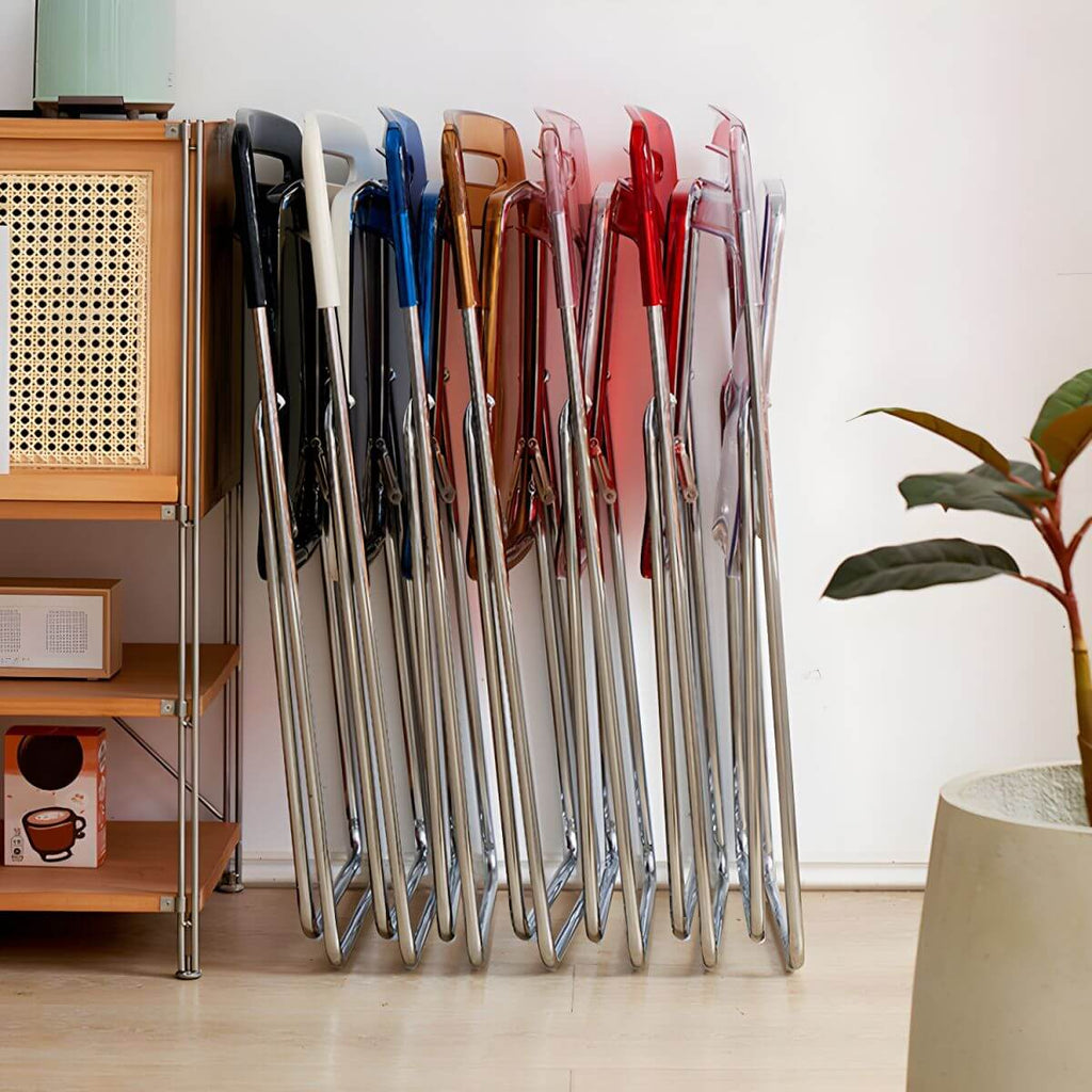 Modern collapsible open back side chair made of plastic and acrylic, ideal for kitchen and dining areas