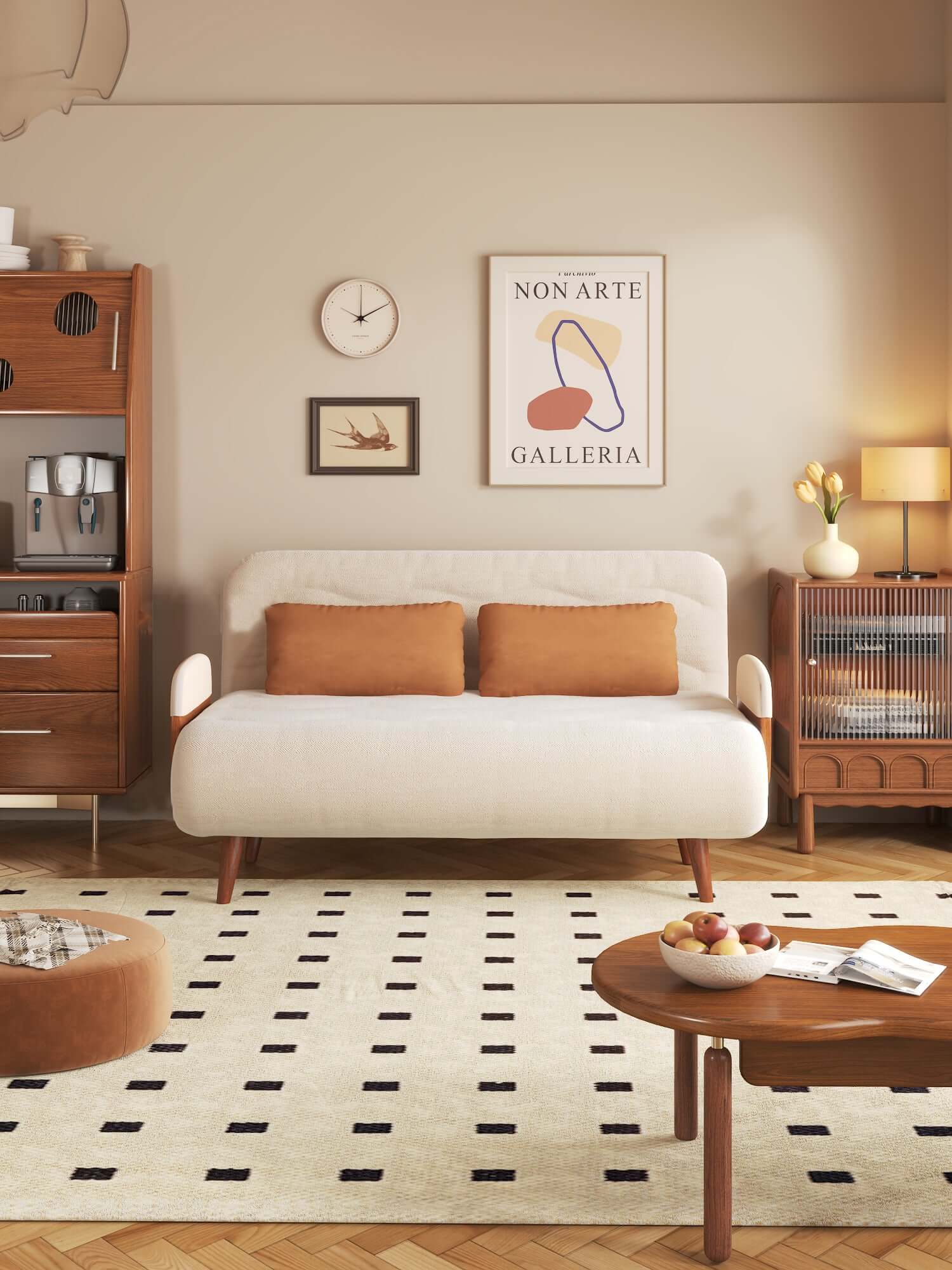 Beige 3-in-1 folding sofa bed with cotton and linen upholstery, convertible for versatile use