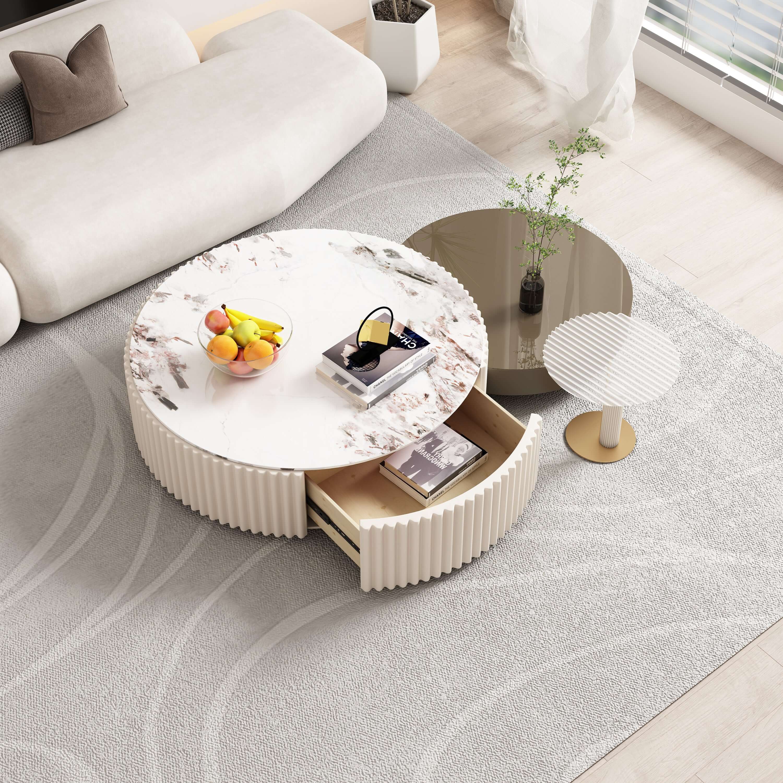 Set of 3 white and grey nesting coffee tables with stone tops and storage space