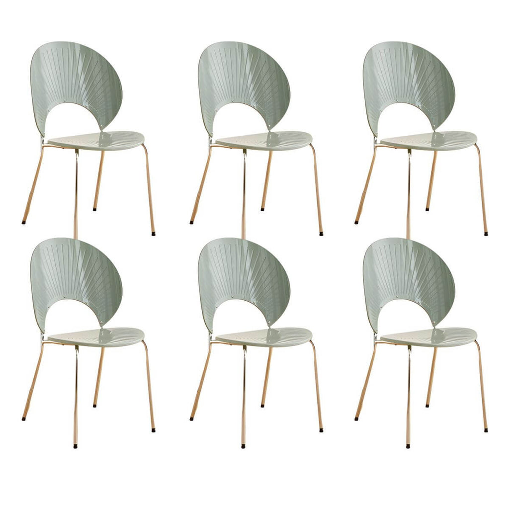 Stackable Scandinavian style dining chair with plastic seat, acrylic back, and silver legs