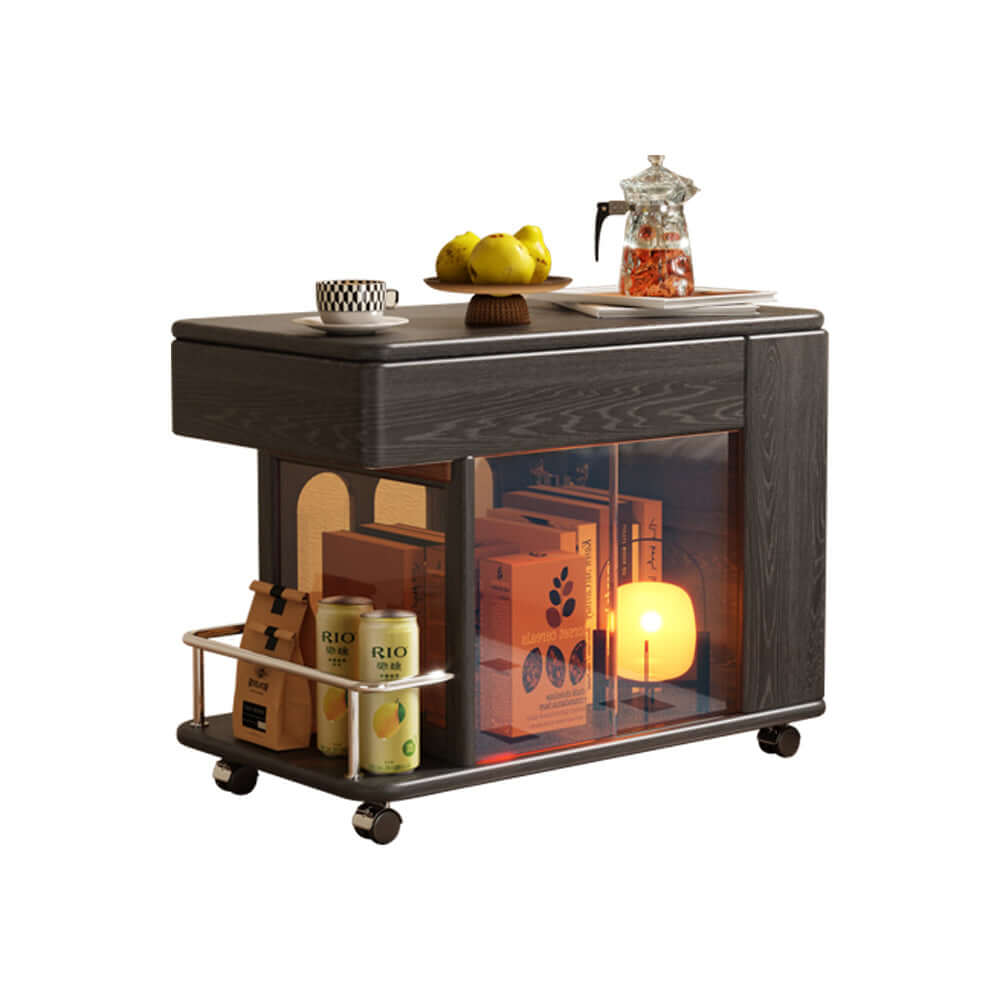 Adjustable solid wood mobile side cabinet with lift-up table top for versatile storage