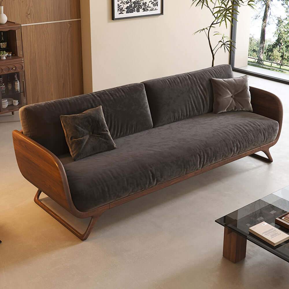 Cocochairs Modern Walnut Solid Wood Straight Sofa – Removable Cushions, Mid-Century 3-Seater Couch for Living Room