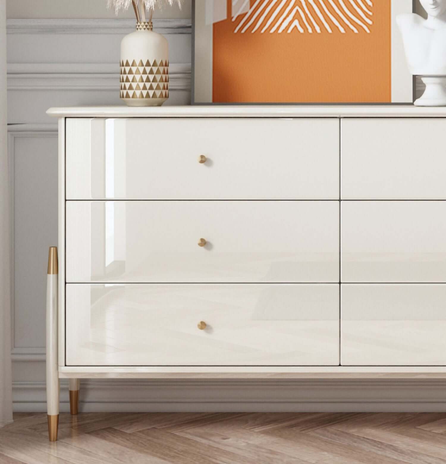 Beige storage cabinet featuring multiple drawers for organized home storage