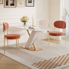 Modern White Rectangular Marble Dining Table Gold Stainless Steel X-Base