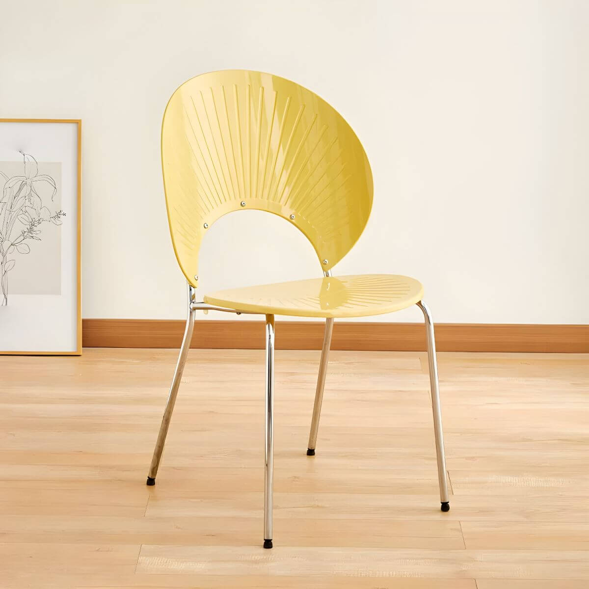 Stackable Scandinavian style dining chair with plastic seat, acrylic back, and silver legs