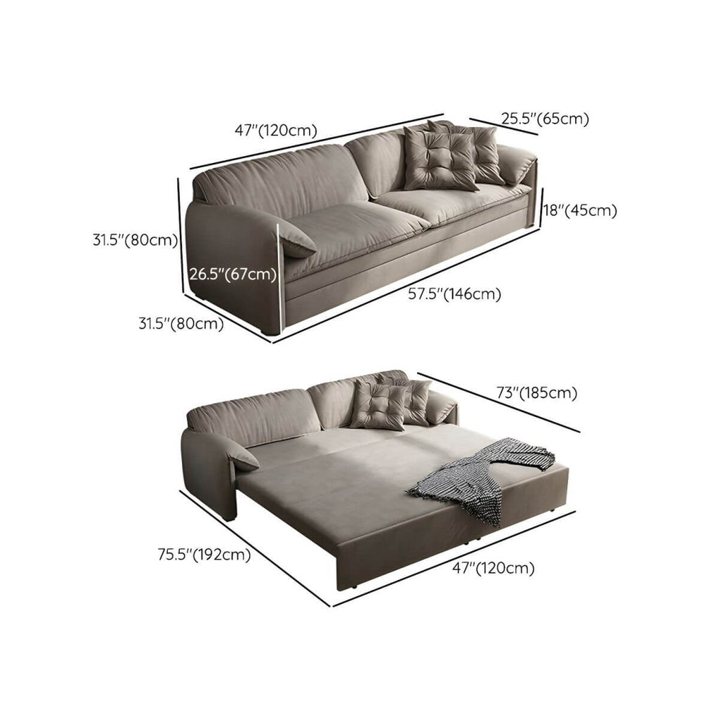 Gray Scandinavian sofa bed with fabric upholstery and coir faux leather sleeper, 69 inches long