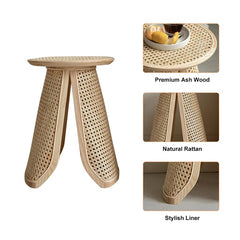 13" Round Rattan & Ash Wood Side Table Indoor Natural End Table *