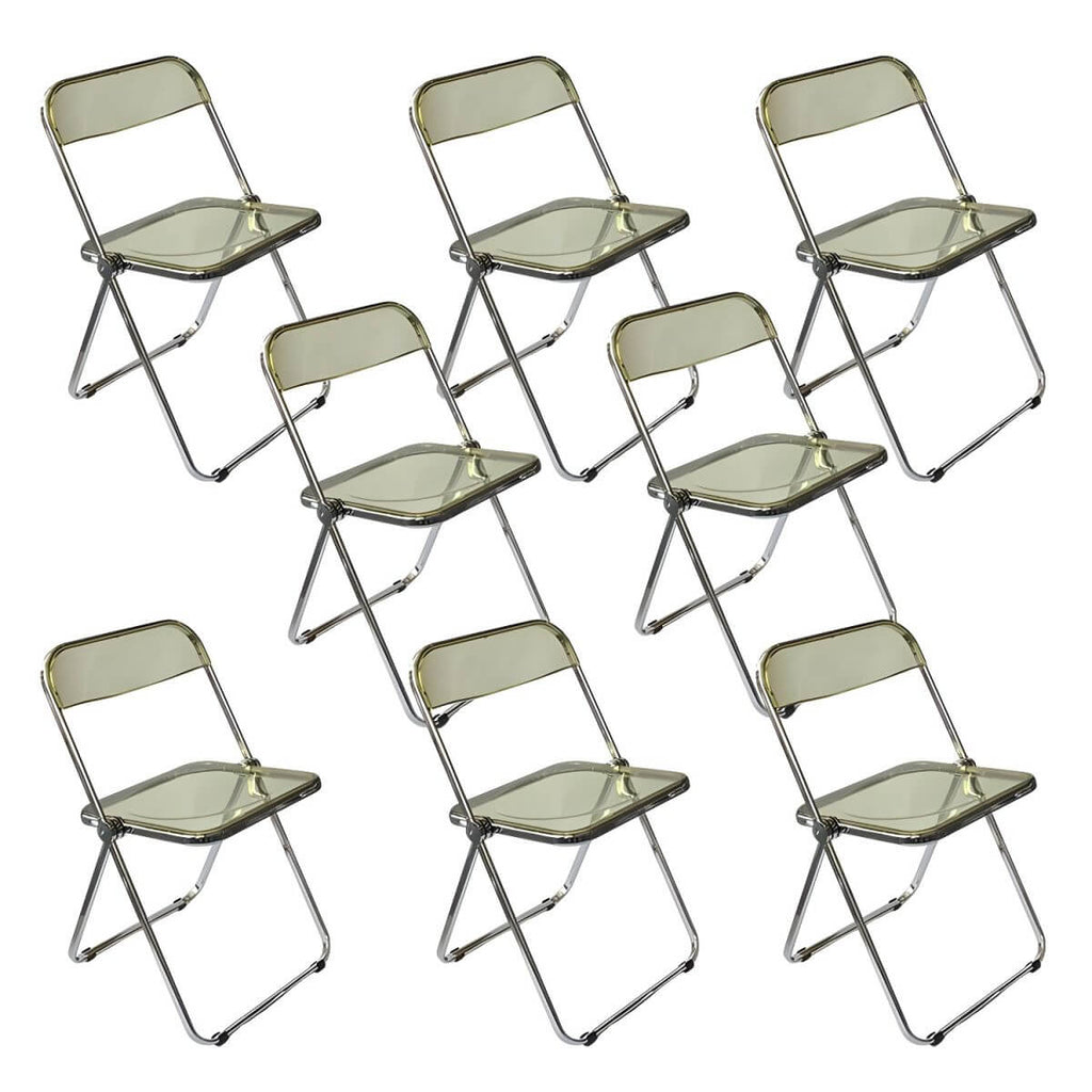 Scandinavian style dining chair with silver metal legs and plastic acrylic seat