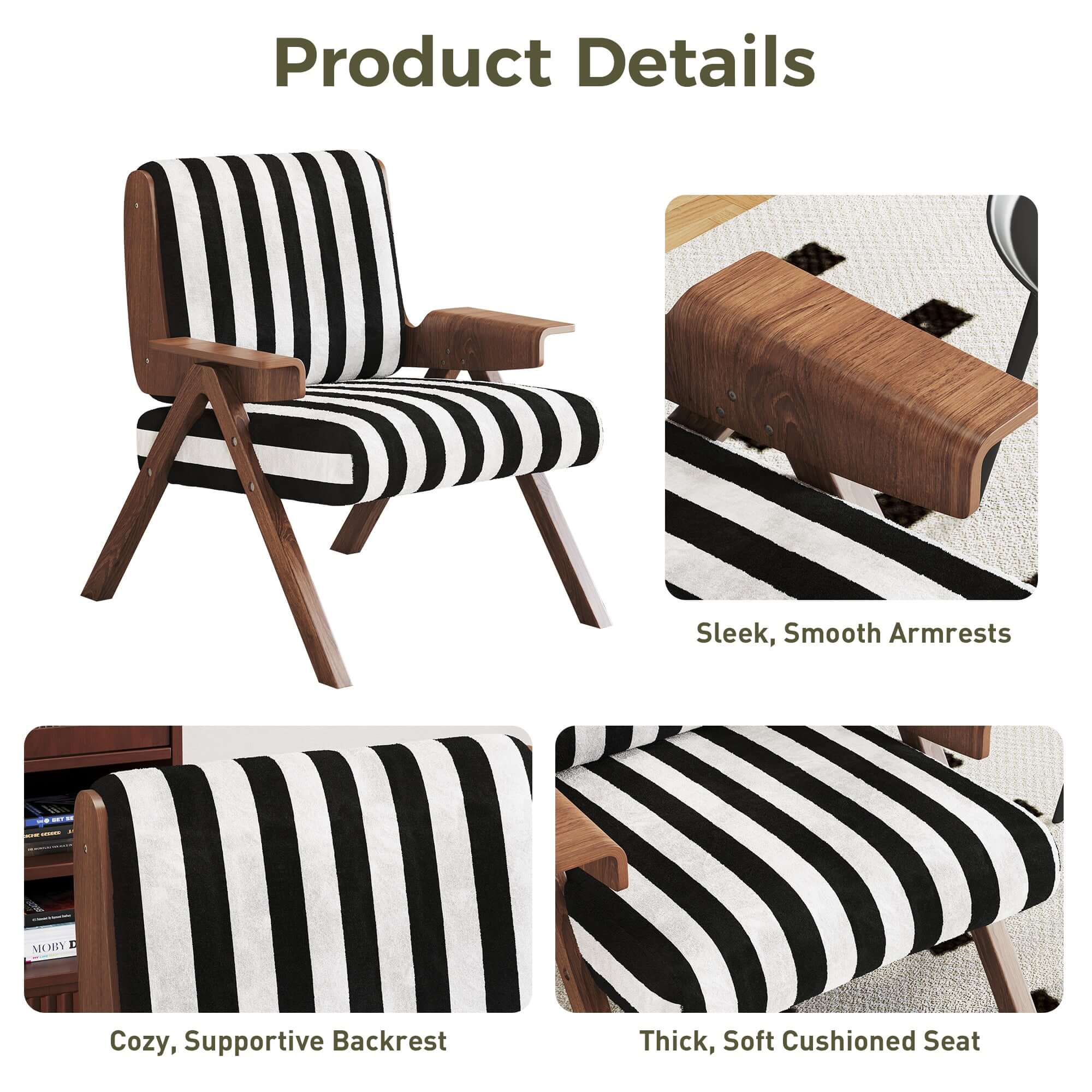 White modern accent armchair sofa with black stripes, stylish and comfortable seating