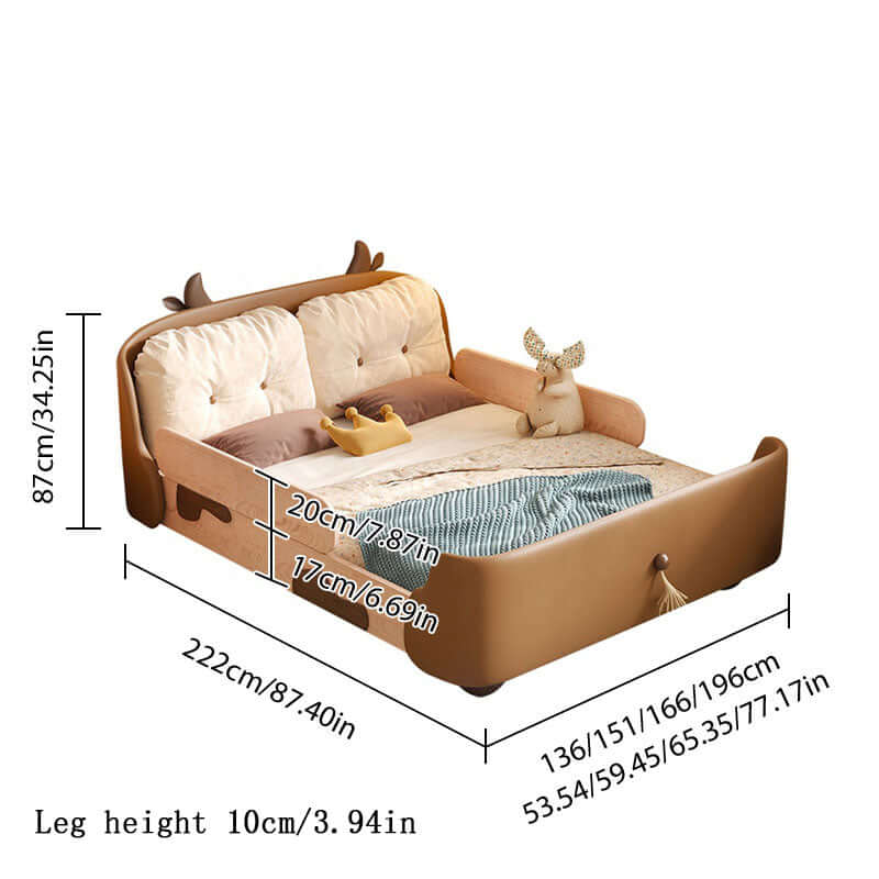 Wooden kid bed with cow design, safety rail, and soft headrest for comfortable sleep