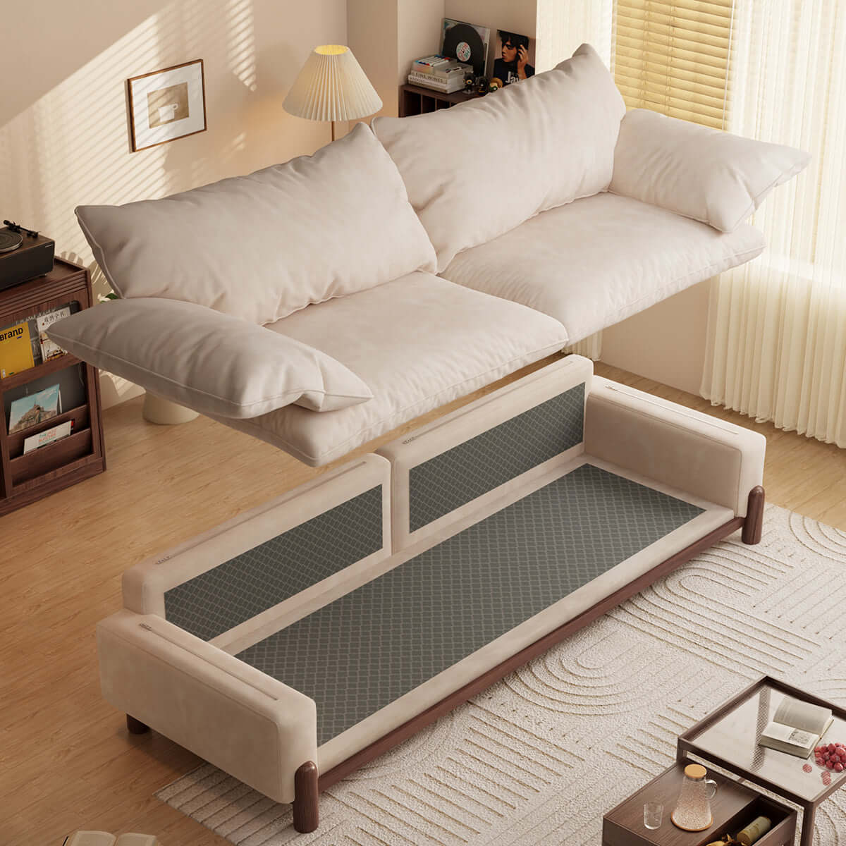 Wooden three-seater sofa with armrests offering oversized comfort and stylish design