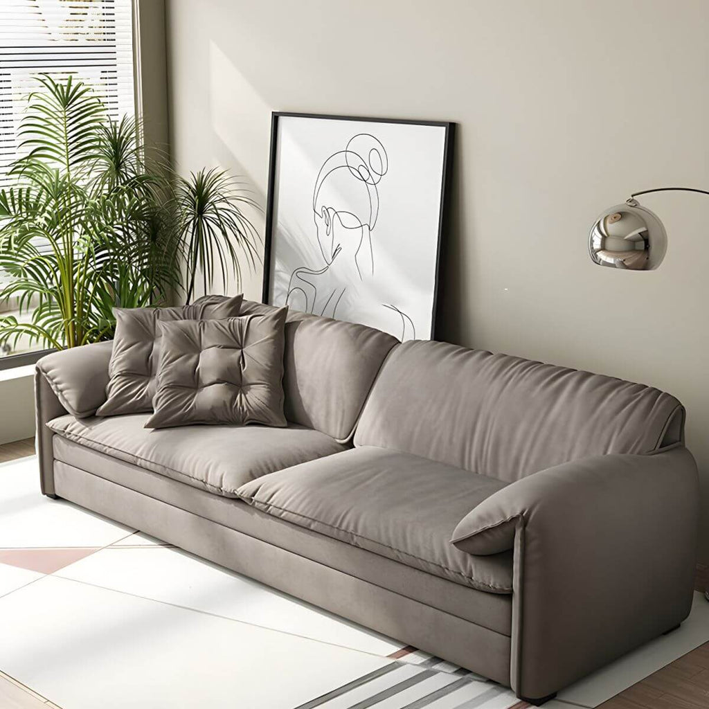 Gray Scandinavian sofa bed with fabric upholstery and coir faux leather sleeper, 69 inches long main product image