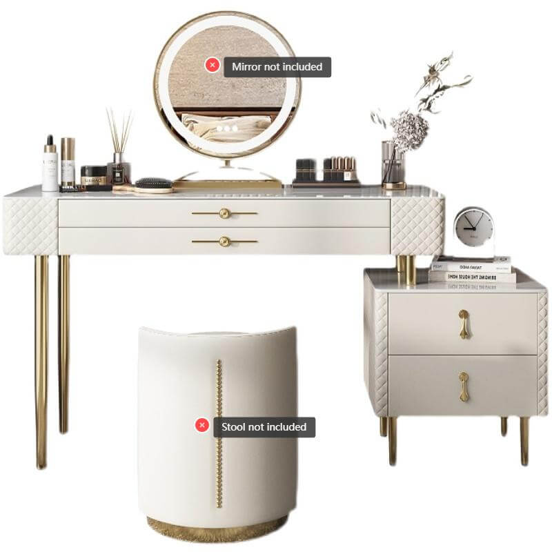 Makeup vanity set with slate top, LED mirror, drawer, and matching chair for bedroom