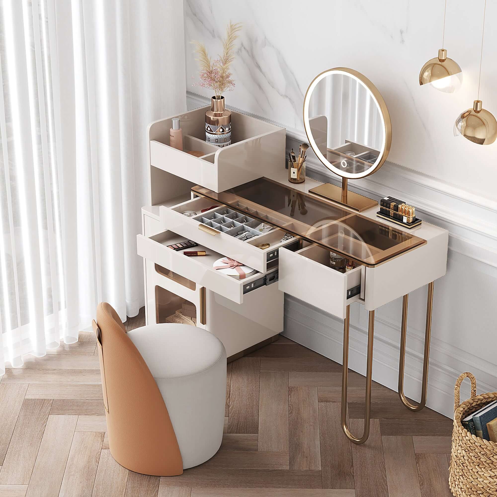 White makeup vanity table with glass tabletop, open storage compartment, drawers, and cabinet