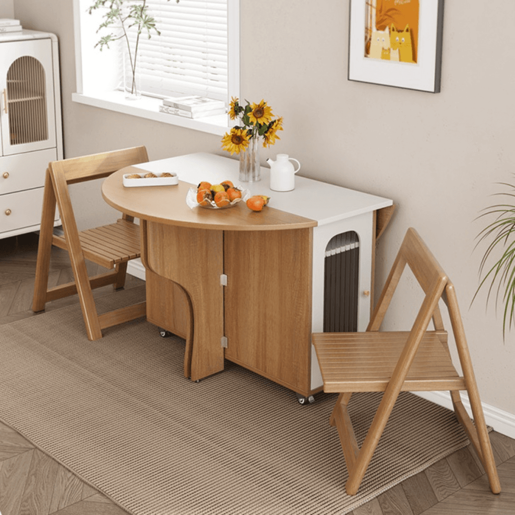 Round folding dining table with marble texture, perfect for small homes and space-saving design