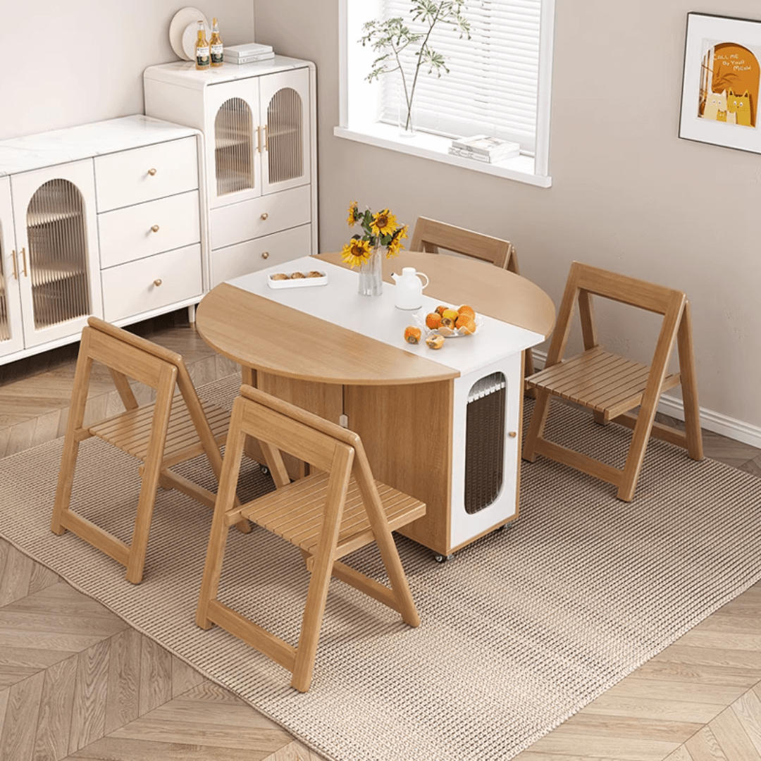 Elegante mesa de comedor redonda plegable con textura de mármol