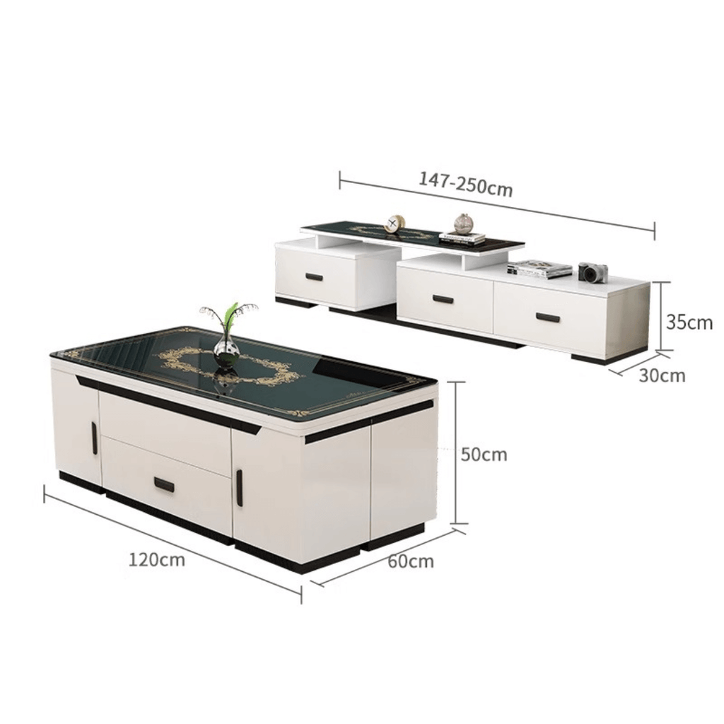 White lift-top coffee table with storage and stools, perfect for compact living spaces