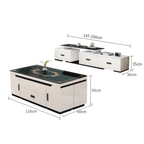 White lift-top coffee table with storage and stools, perfect for compact living spaces