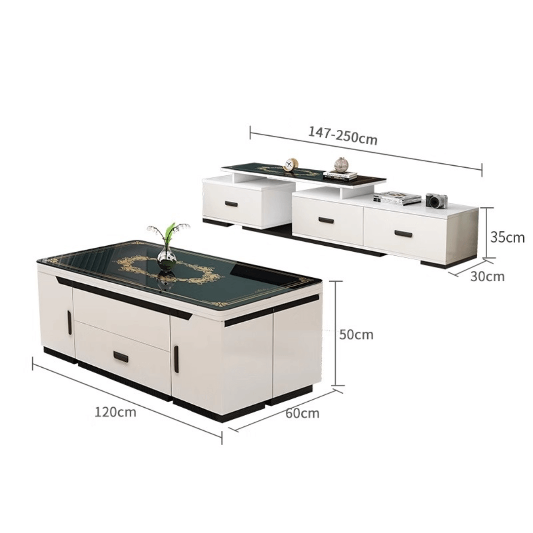 White lift-top coffee table with storage and stools, perfect for compact living spaces