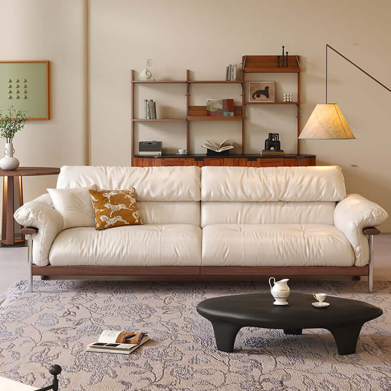 Three-seater sofa with straight-line design and top-grain leather upholstery