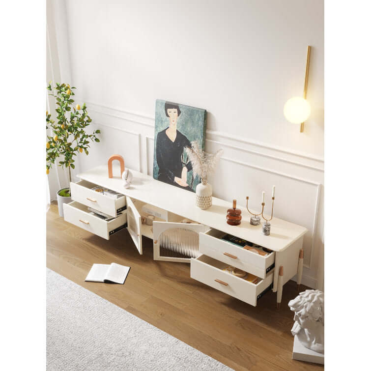 Beige modern TV stand with glass doors, LED lighting, and four storage drawers