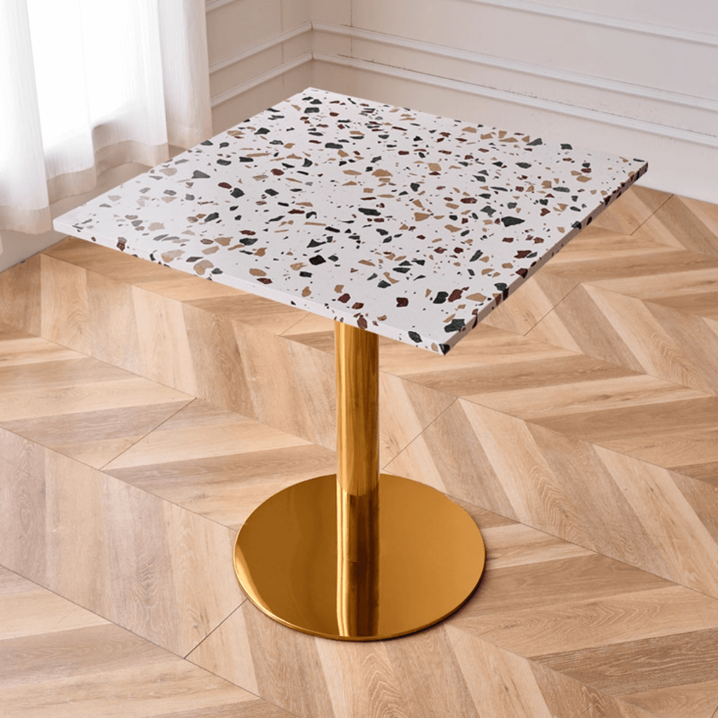 Modern marble table with sturdy metal base, perfect for adding a timeless aesthetic to any space