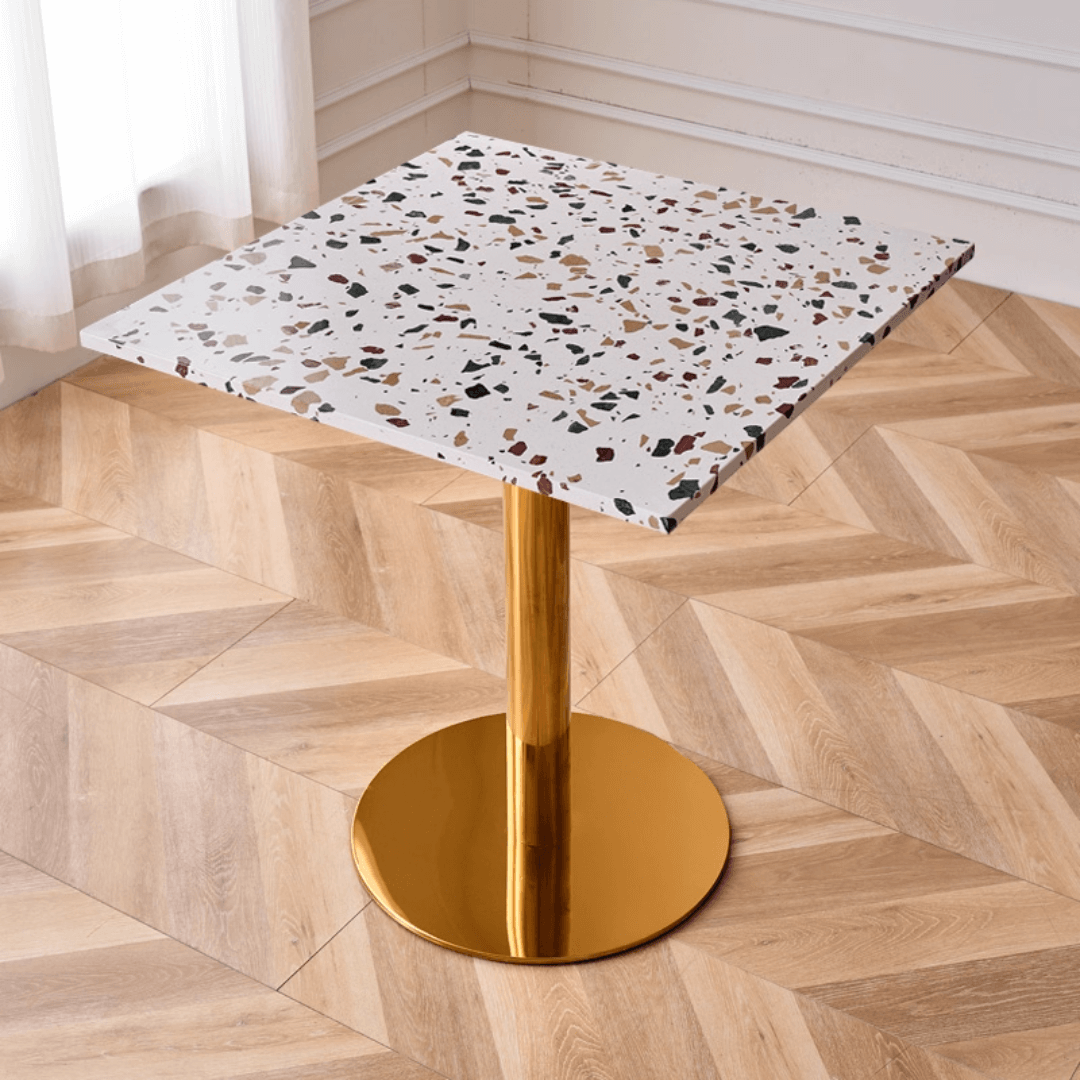 Modern marble table with sturdy metal base, perfect for adding a timeless aesthetic to any space