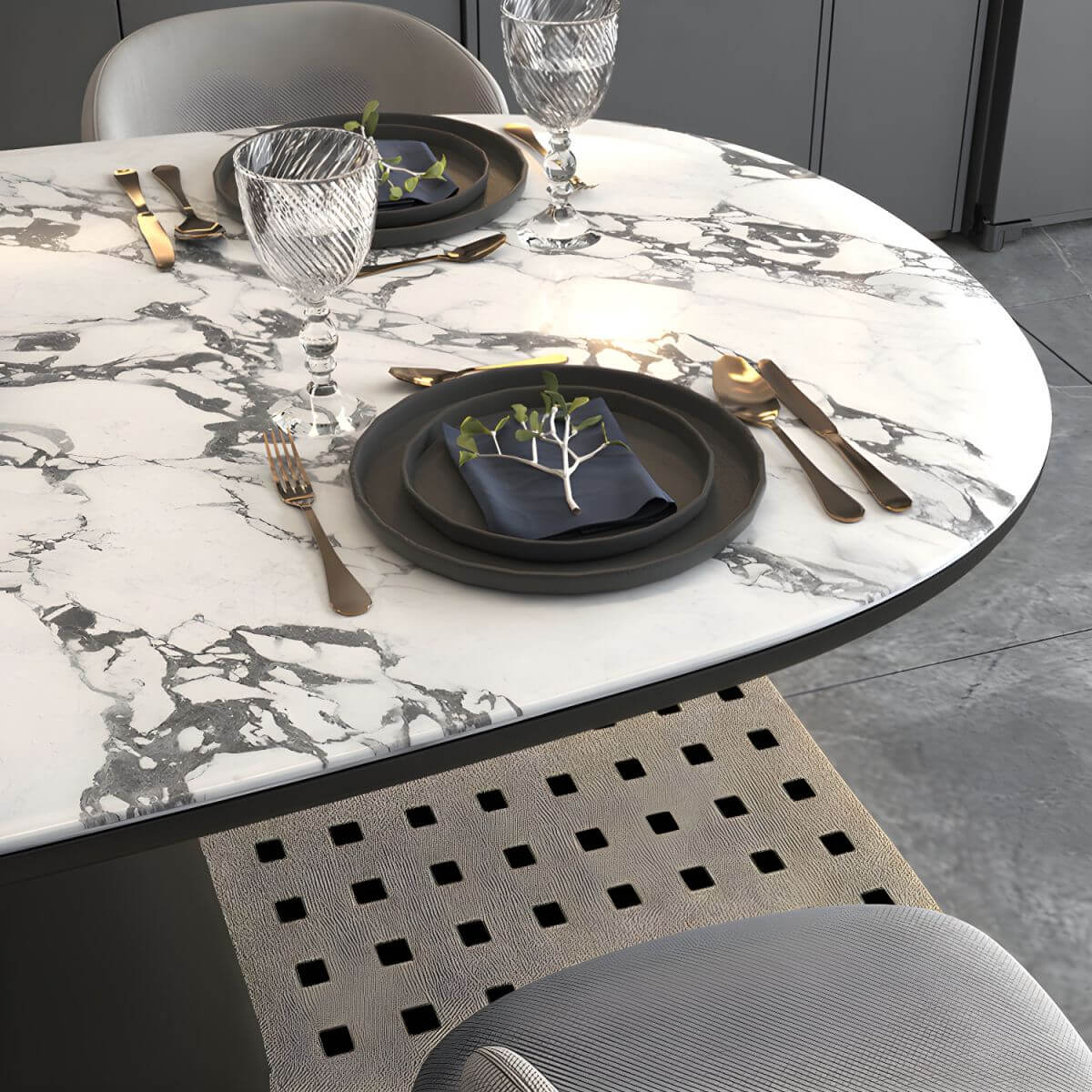 Oval black and white marble kitchen dining table with wooden base