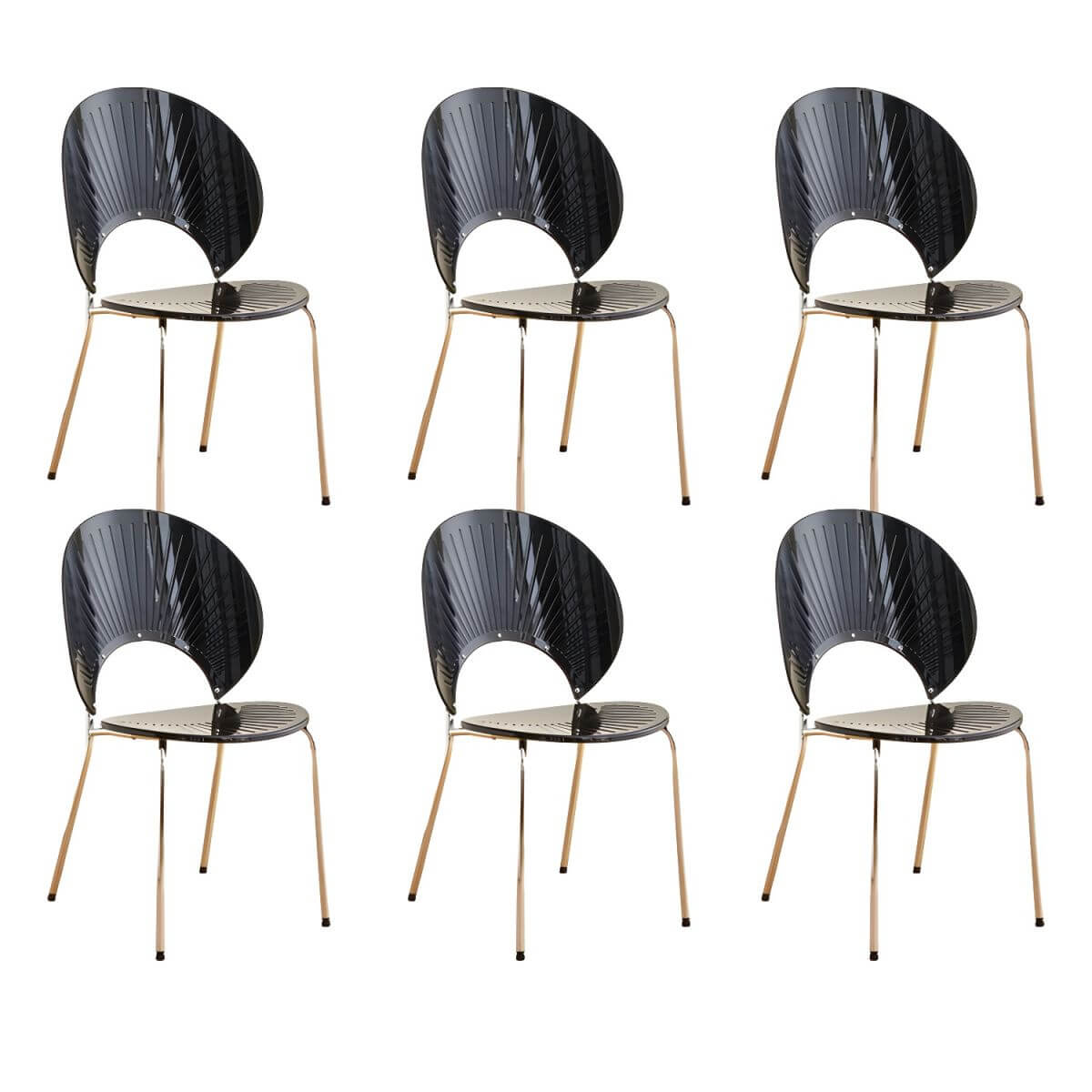 Stackable Scandinavian style dining chair with plastic seat, acrylic back, and silver legs