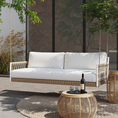 Ropipe Outdoor 2-Seater Swing Sofa in Khaki with Hand Woven Rope & White Cushion