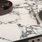 Oval black and white marble kitchen dining table with wooden base