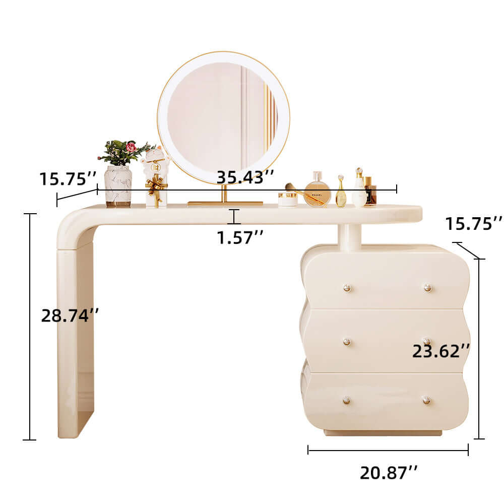 White makeup vanity featuring an adjustable side cabinet with three drawers for storage