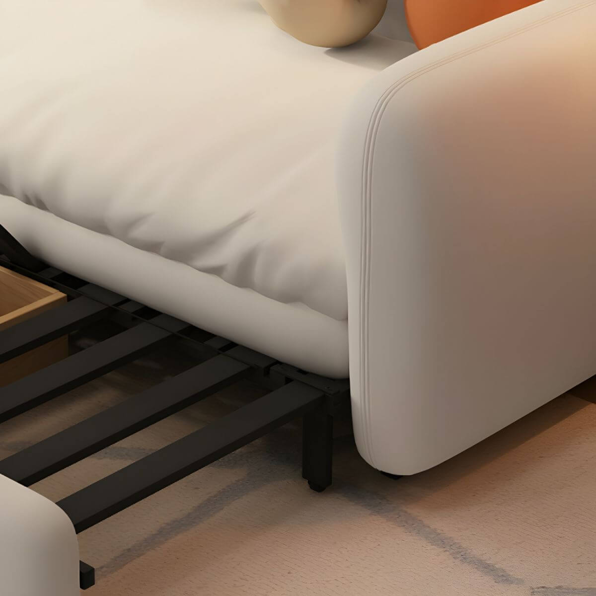 Modern white sleeper sofa with detachable mattress, casters, and black legs, 51 by 37 inches