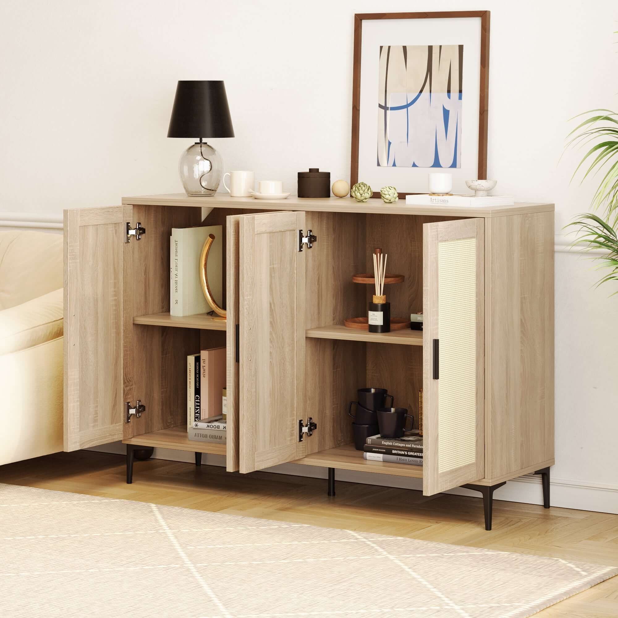 Sideboard cabinet with rattan decoration and four doors, measuring 48.42 inches wide