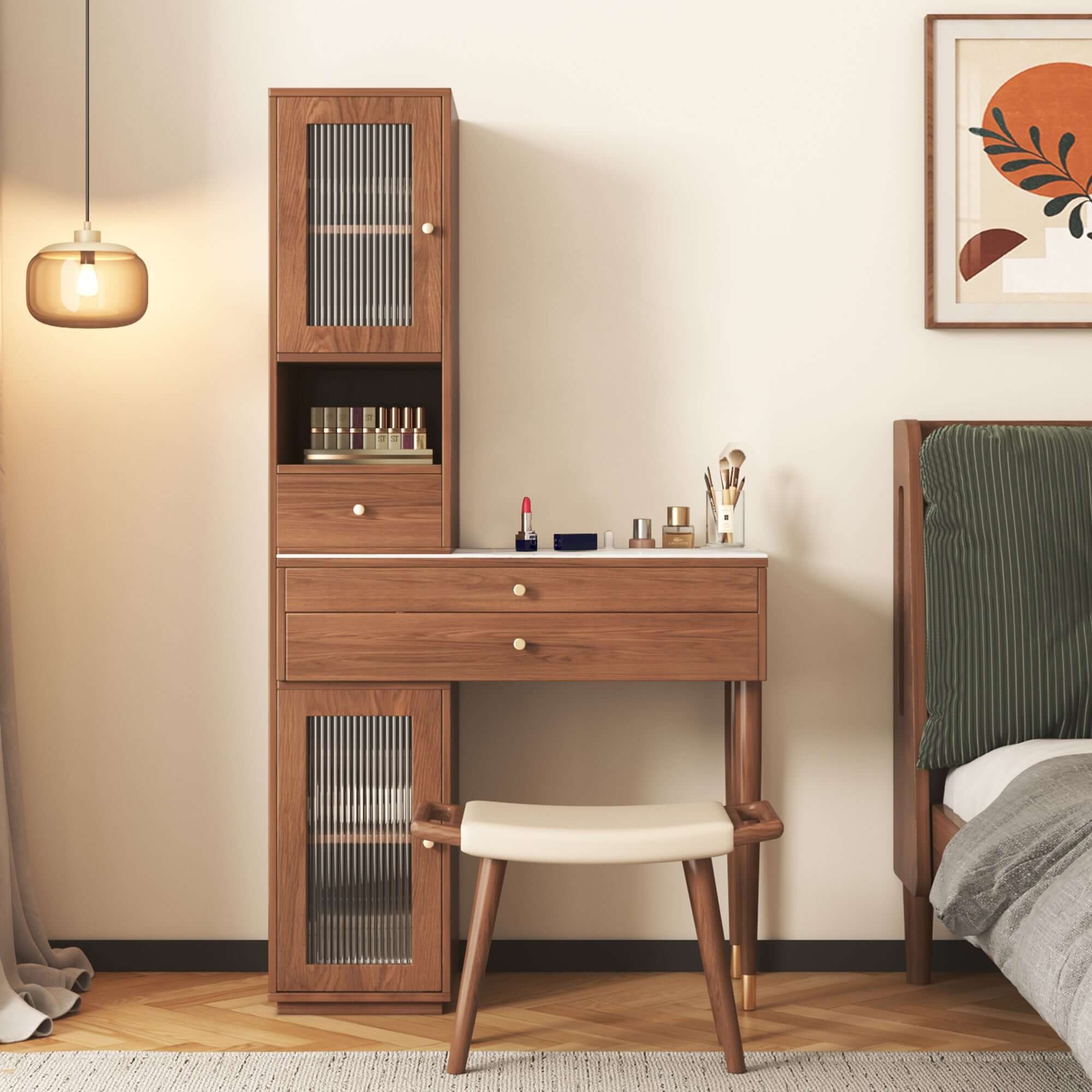 Makeup vanity featuring storage cabinets, open shelves, and multiple drawers for organization
