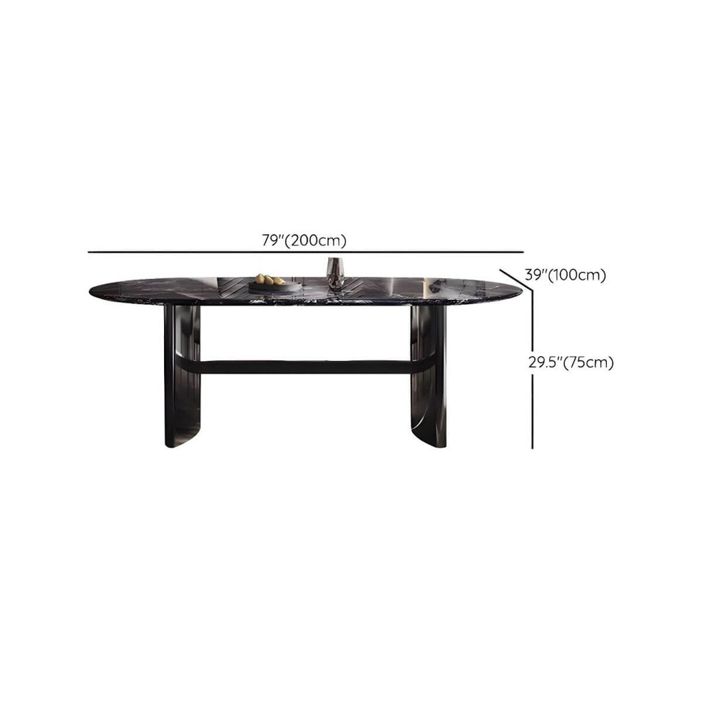 Oval dining table with black marble top and trestle metal base, modern dining room set