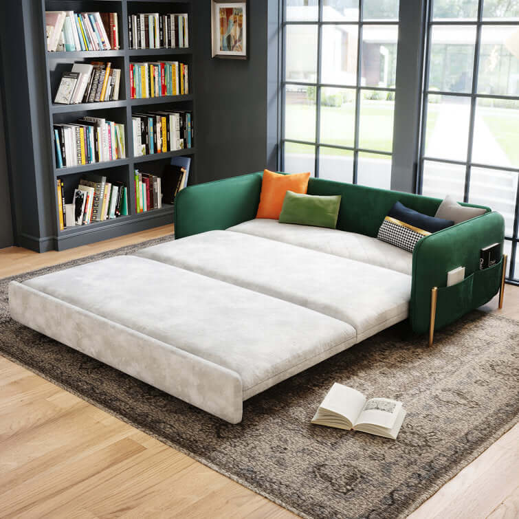 Modern 67-inch pull out convertible sofa bed with storage pocket for space-saving comfort